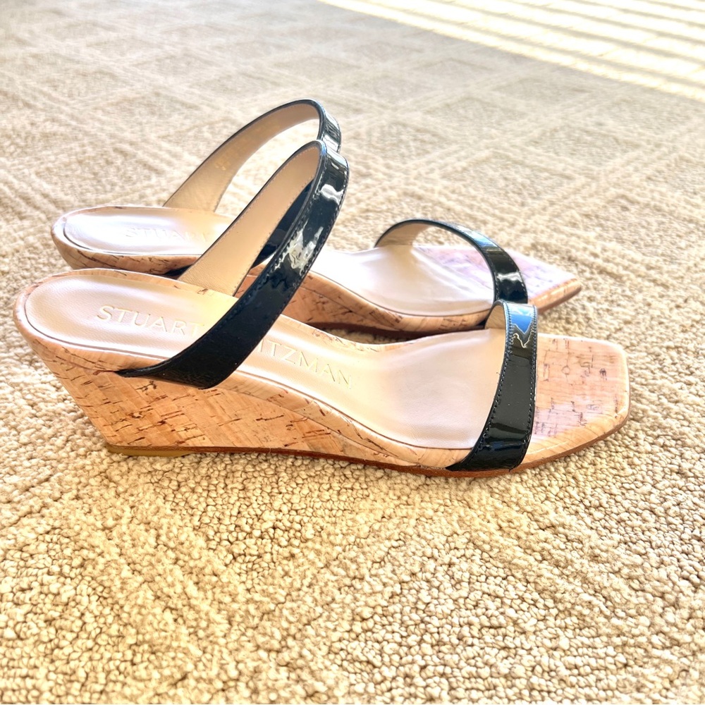 Stuart Weitzman Black Patent Cork Wedge Sandals - Picture 7 of 8